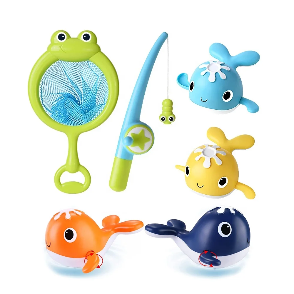 Magnet Baby Bath Fishing Toys Wind-up Swimming Whales Bathtub Game Water  Tub Toy Set with Fishing Pole and Net for Toddler Kids