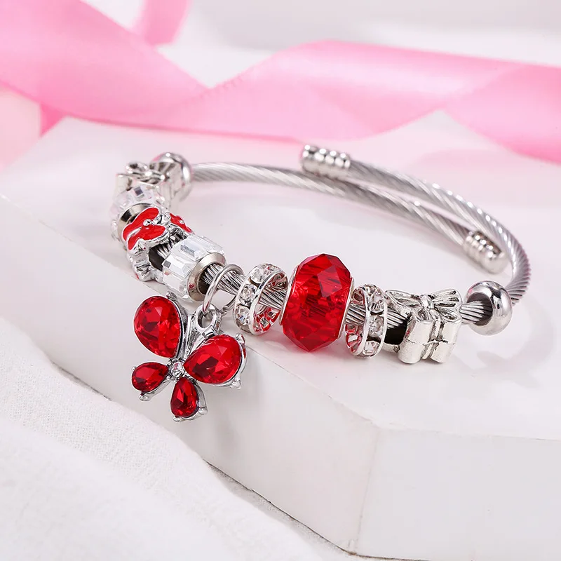 Open Adjustable Stainless Steel Bracelet Butterfly Four-Color Beaded Bracelet