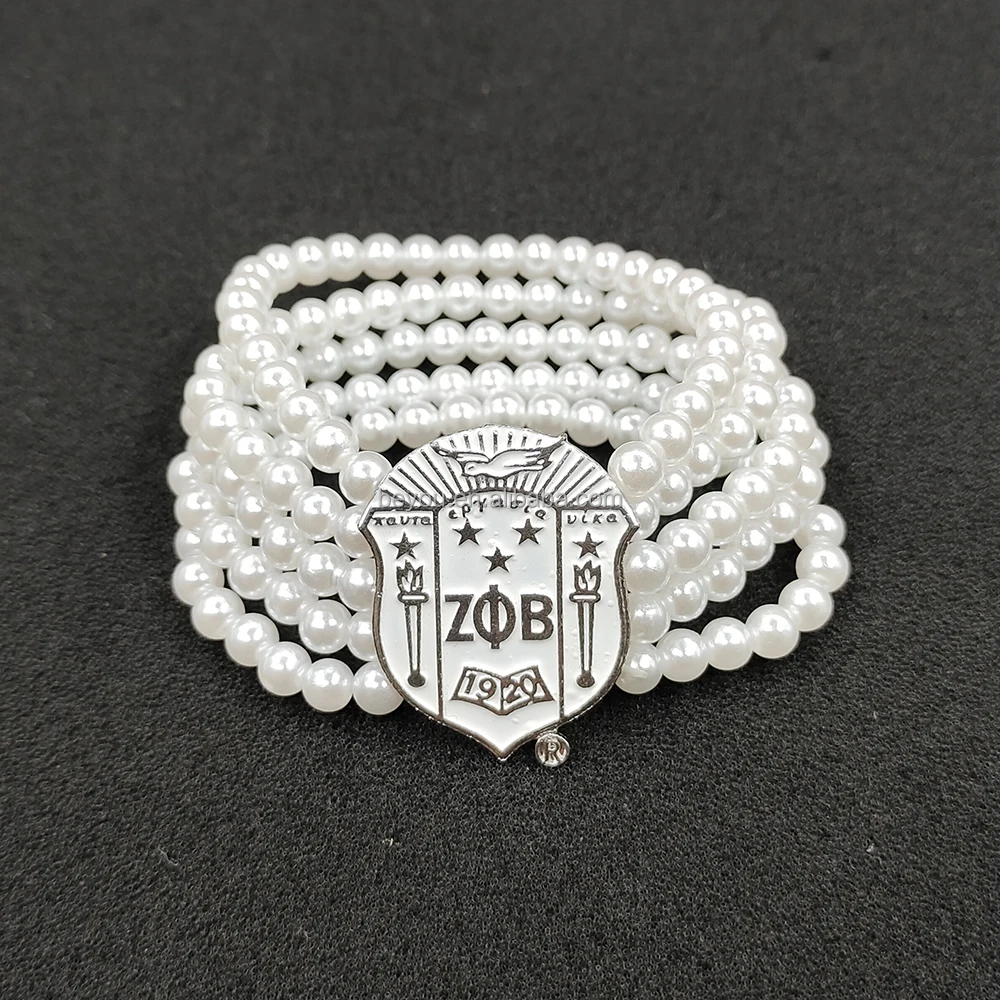 Zeta Phi Beta Sorority Multiple Layers Pearl Bead Bracelet White Enamel ZPB Dove Shield Shaped Pendant Bangle Women's Jewelry