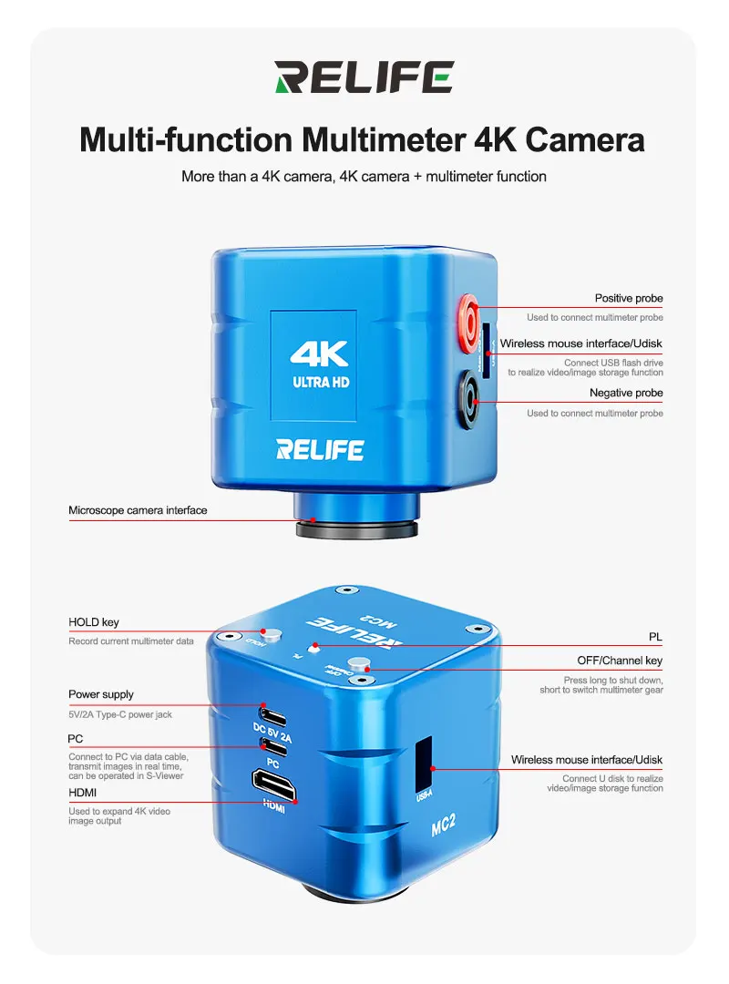 RELIFE MC2 Multimètre multifonction Caméra 4K Microscope Caméra industrielle 4K HDMI Double écran Interface C Mesure