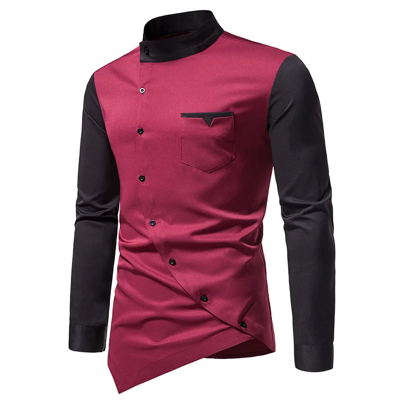 Youth Diagonal Button Irregular Color Contrast Henley Collar Long-sleeved Casual Shirt Large Size Casual Men's Shirts