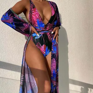 OEM New Sexy Print Two Piece Bikini With Mesh Sarong Cover up Front Cross Swimsuit Women Backless Swimwear