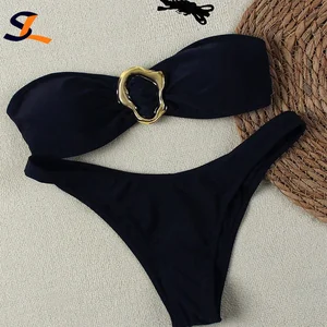 Custom New Sexy Solid Metal Ring Two Piece Bikini Set Beachwear Bandeau Strapless Swimsuit Women  Thong Swimwear