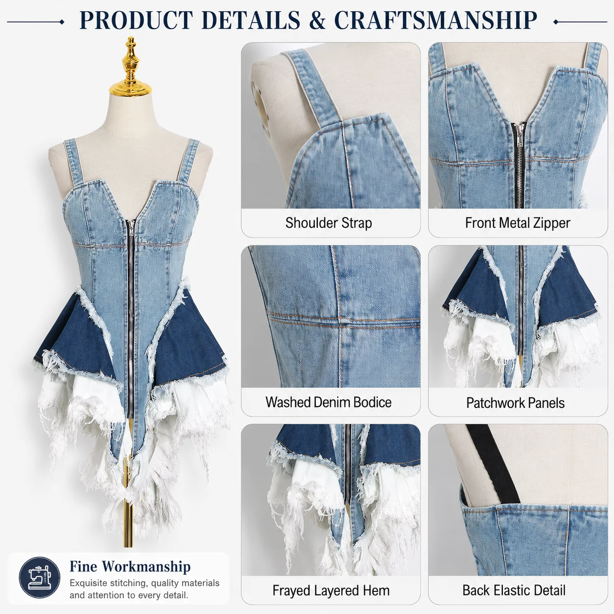 Sleeveless Shoulder Ladies Slim Dress for Spring Summer Denim Solid Pattern Tassel Decoration Natural Waistline Digital Printing
