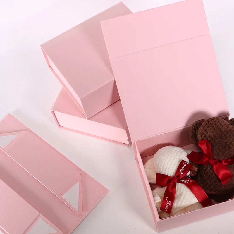 Luxury Custom Design Large pink Foldable Folding Paper Cardboard Gift Box Packaging with Ribbon