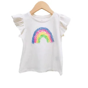 Customizable Summer New Design Ruffle Sleeve Rainbow Sequin Girls T-shirts 100% Cotton Cute Kids Clothing