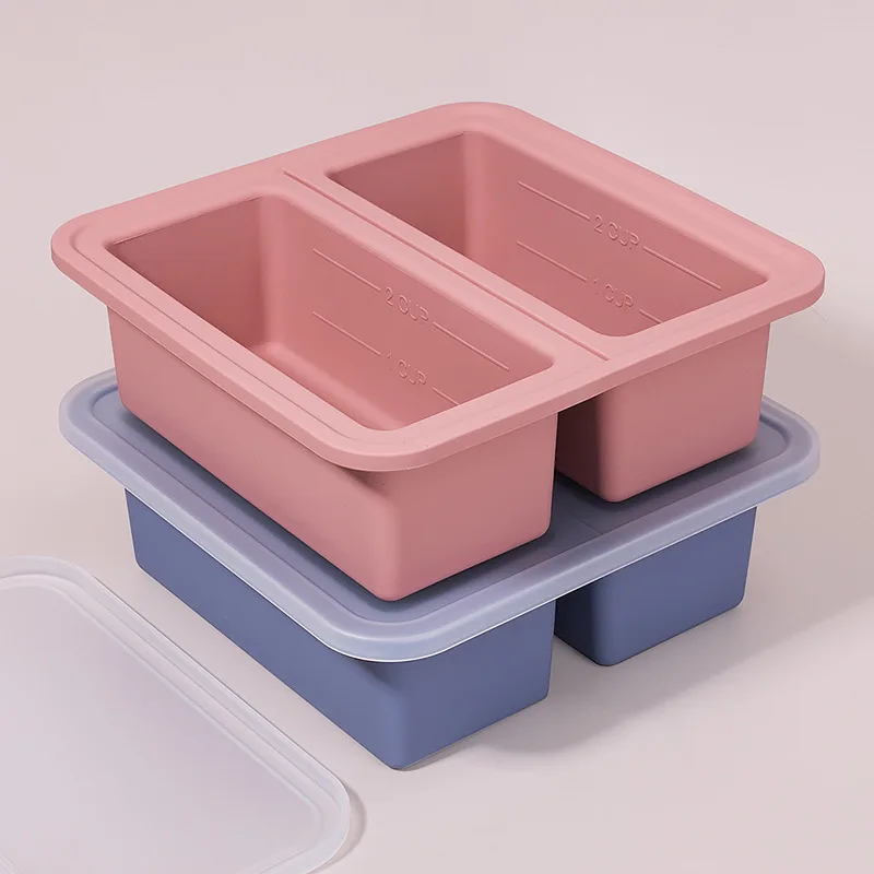 Factory Direct Sale Custom Large Rectangular Silicone Ice Tray Easy Release Lid 2-Compartment Reusable Lunch Box Sustainable