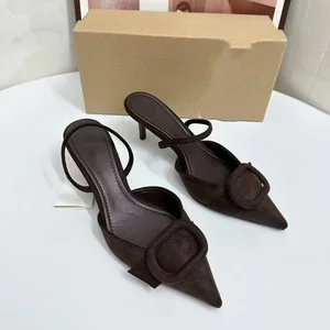 QuiteS 2026 New Summer Pointed-toe Suede Square Buckle One-strap High-heeled Backheel Flip-flops Shoes for Women