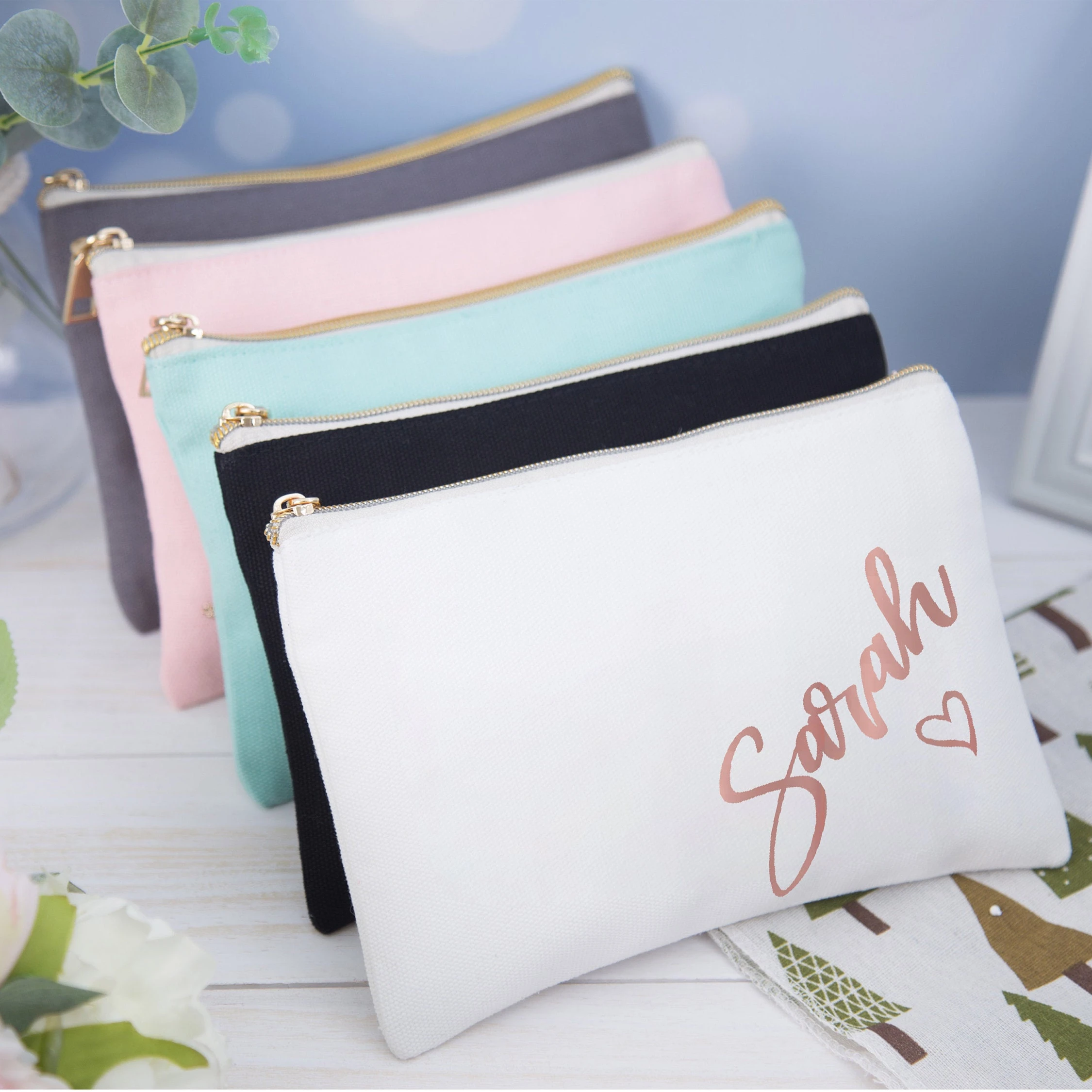 Custom Printed Logo Gift White Cotton Canvas Cosmetic Makeup Bag With Zipper