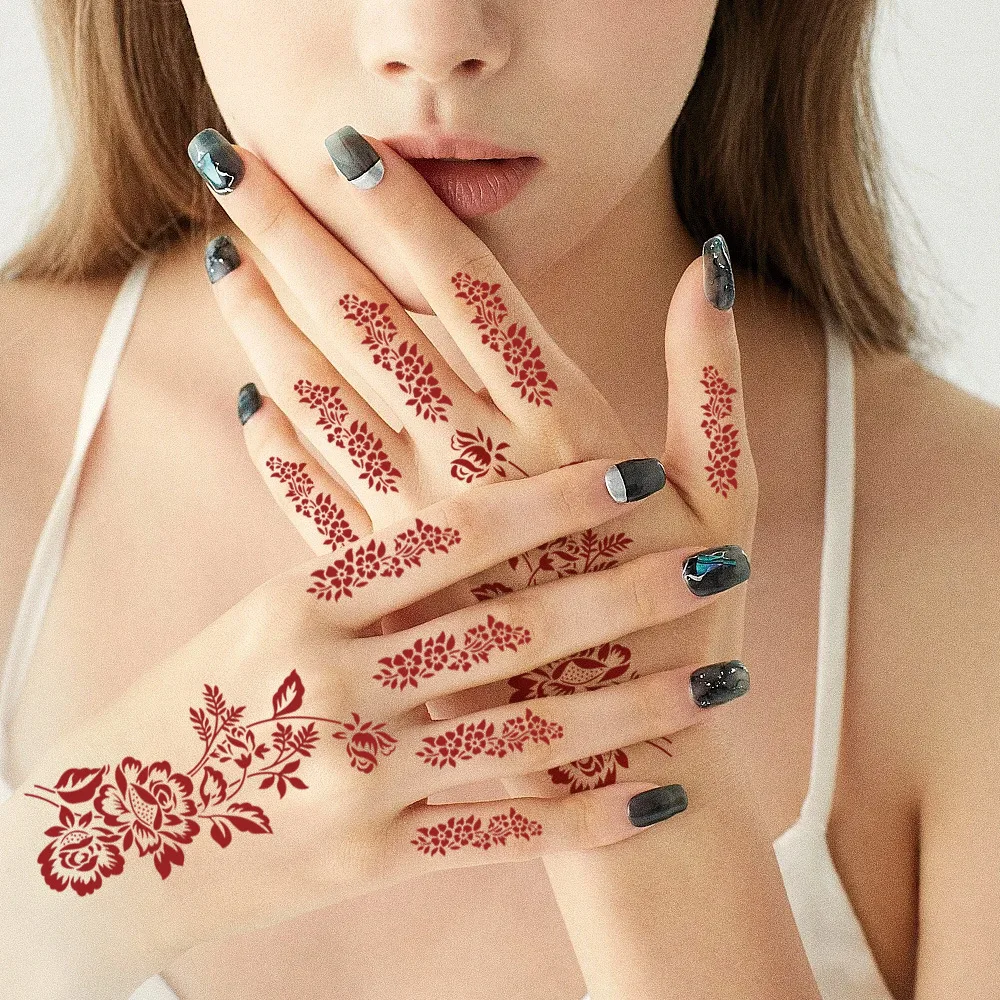 Customized Brownish Red Temporary Henna Tattoo Sticker Sexy Mandala Flower Waterproof Hand Back Tattoo Design