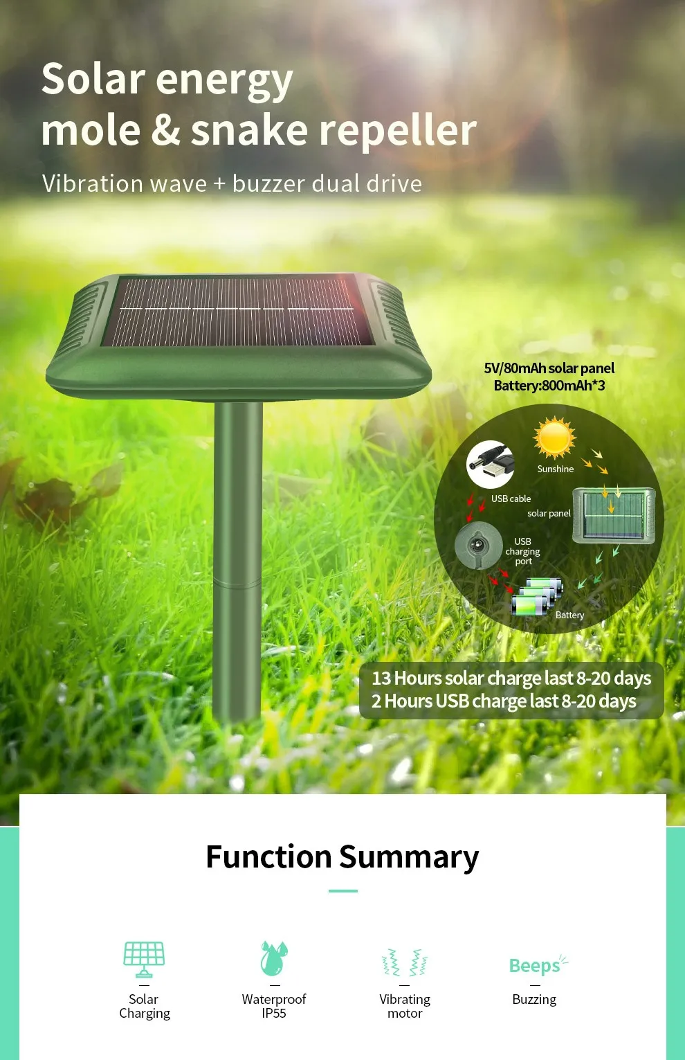 SJZ OEM/ODM High Effective solar or battery powered ultrasonic pest solar snake groundhog mice rat gopher mole repeller factory