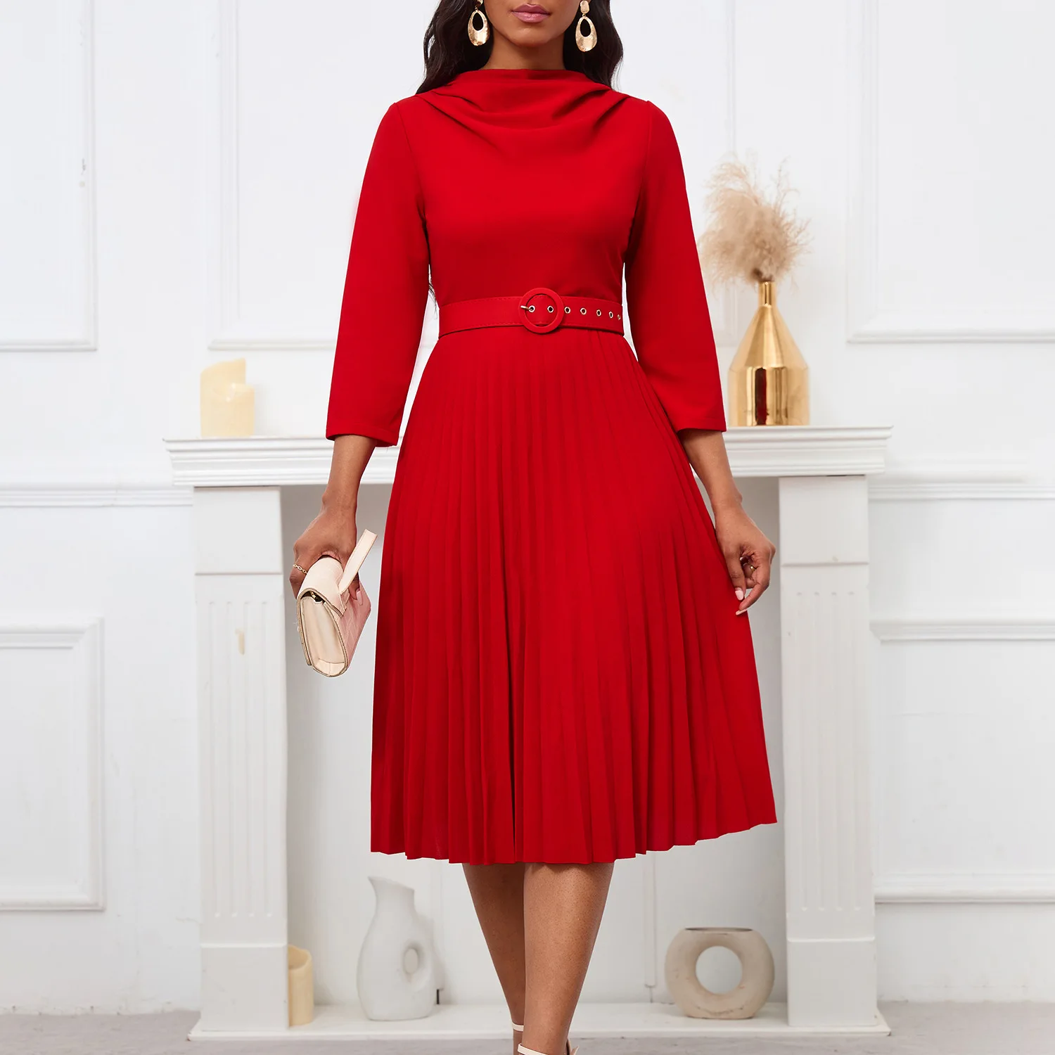 ladies dress design latest Elegant Dresses Women Casual Solid Color Long Sleeve Pleated Fashionable Office Dress With Belt ProductID: 119818