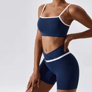 OEM Wholesale White Line Fashionable Custom logo New Sports Breathable V Waist Gym Yoga Bra and Shorts Sets Woman
