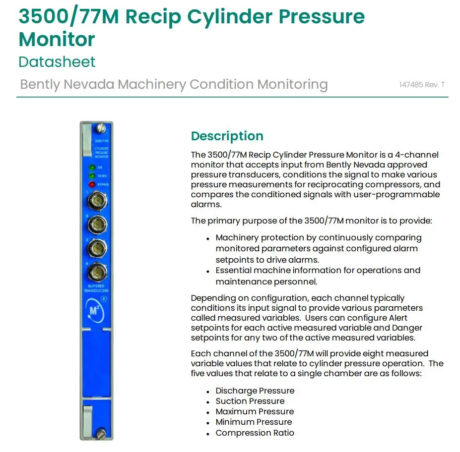 Cylinder Pressure Monitor Bently Nevada 3500/77m0400(01/02) 17644907