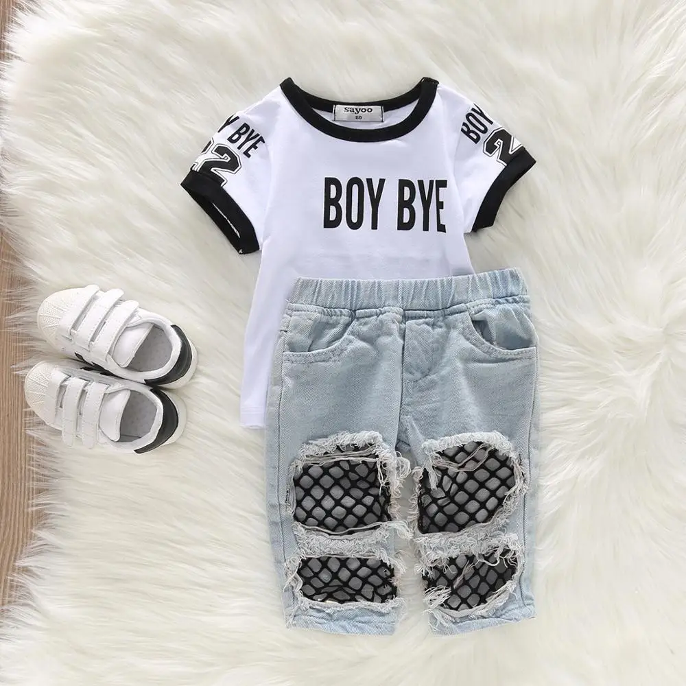 Fashion Infant Kids Baby Girls Clothes Sets Digital Printing T Shirts Tops Hole Fishing Net Denim Pants Outfits Buy Kids Girl Frock Designs Short Sleeve T Shirt With Hole Denim