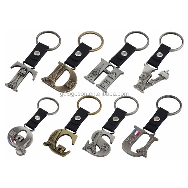 Bulk Customize Paris Charms Style Letter a to Z Shape Keyrings Leather Metal Vintage Alphabet Letters Keychains