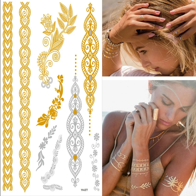 Waterproof Temporary Tattoo Sticker Henna India Peacock Feather Gold Silver  Metallic festival Flash Tatoo Boho Glitter Body Art - AliExpress