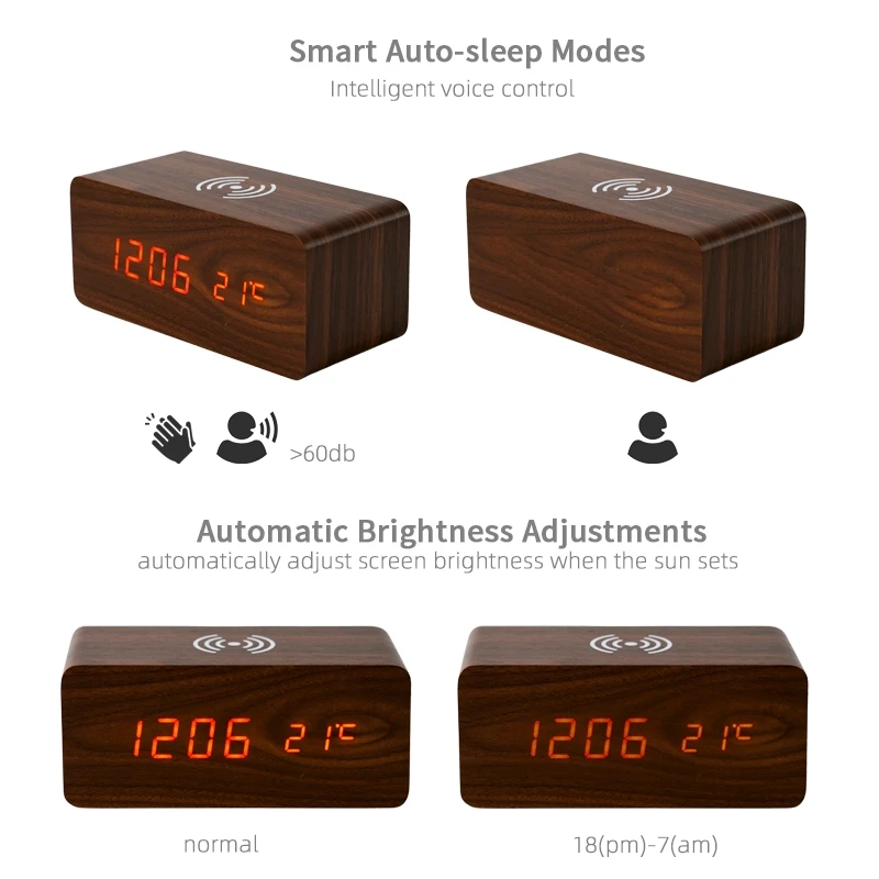 Beautiful Unique Alarm Clocks Adjustable Brightness Wooden Temperature Display Bedside Digital Alarm Clock with Charging