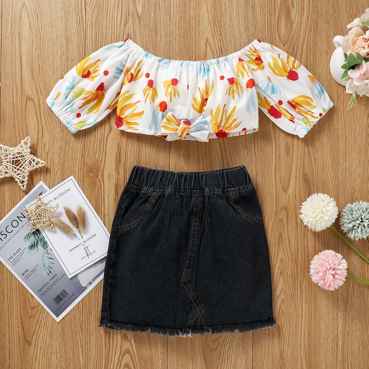 UK Toddler Kid Girl Summer Clothes Solid Tops Floral Dress Skirt 2PCS Outfit Set 