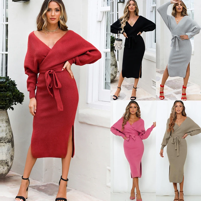 New Fashion Amazon Hot Sale Knitted Dress Close Fitting Double V Neck Sweater Dress Winter Sexy Slim One Piece Dress Buy Ladies Sexy Sweater Dress Tokyo Hot Dress Sissy Sexy Dress Product On Alibaba Com