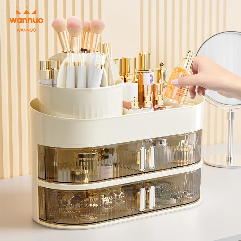 Wannuo Fashion 1-3 Layers Plastic Makeup Organizer Multifunctional Makeup Storage Boxes With Rotating Makeup Brush Set Holder