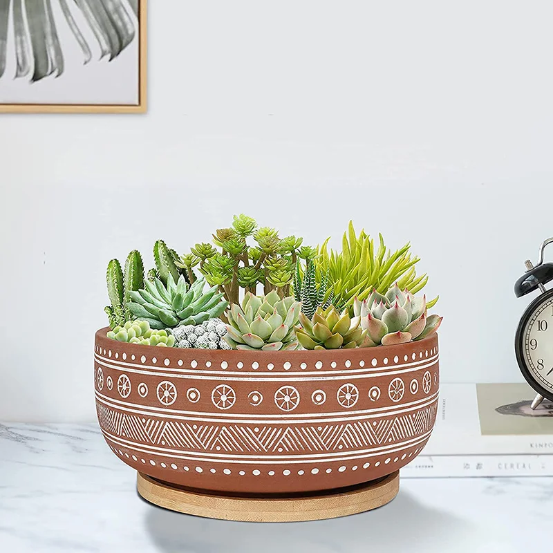 Terracotta Succulent Planter Pot with Bamboo Tray, Round Shallow Bonsai Pot