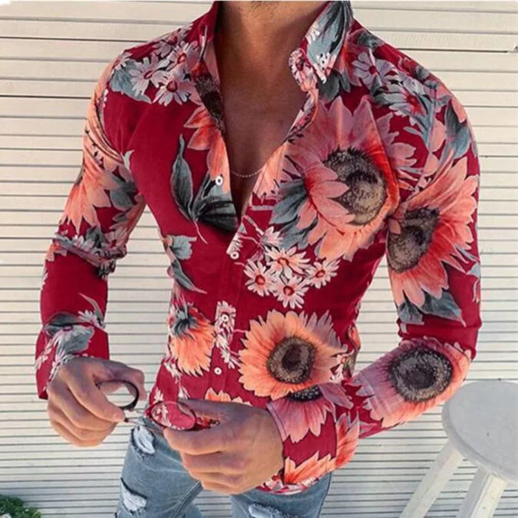 Rose Flower Print Pullover Tops Fashion Casual Men's Floral Long Sleeve  T-shirts