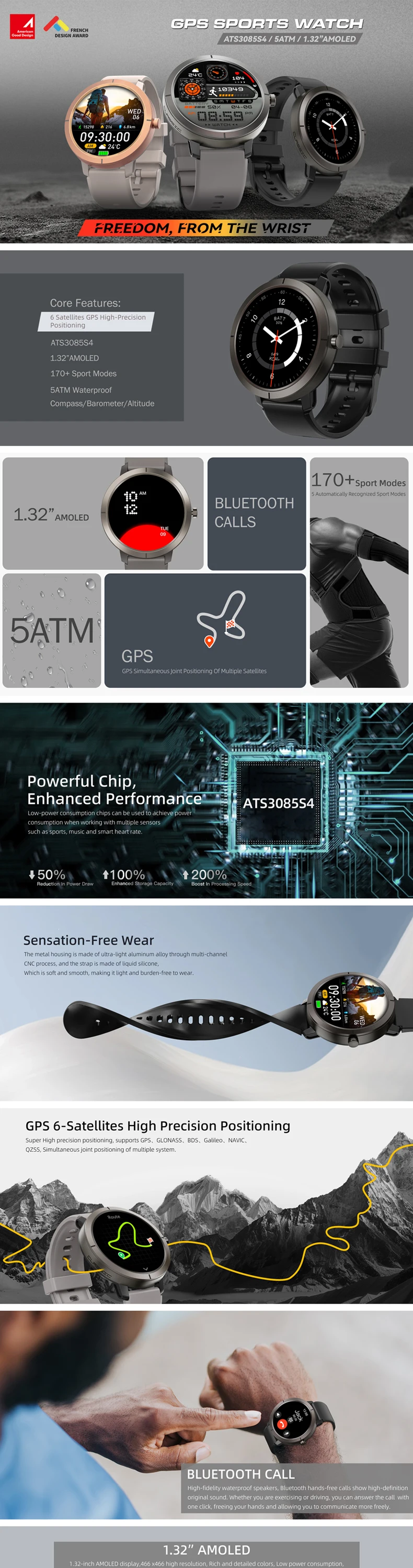 product gps smart watch dm76 132inch amoled screen with altitude pressure compass 5atm waterproof sports smartwatch for ios android-1