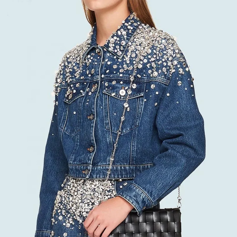 Customizable Beaded Crystal Gems Cotton Denim Jean Jacket Chaqueta De Mujer Women Clothing Sets