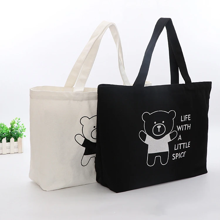 FeiFei Customized Black White Screen Print Plain Cotton Bag Canvas Tote Bag  with Pocket and Zipper - Main Image