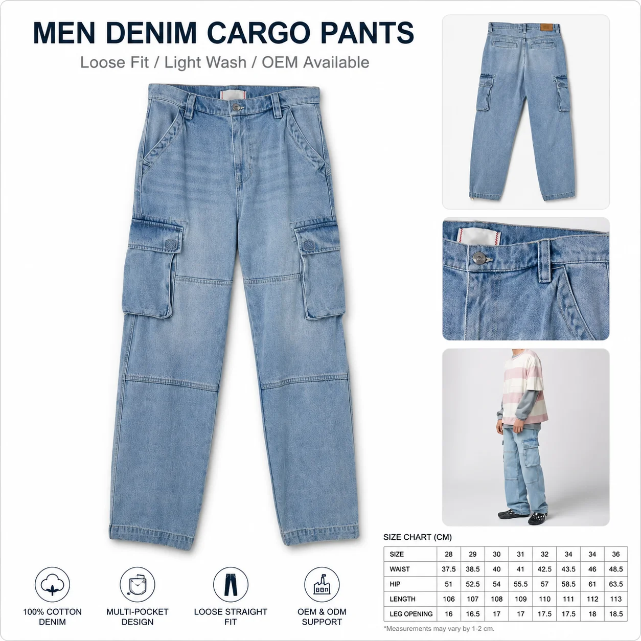 High Street Popular Vintage Multi-Pocket Functional Cargo Casual Trousers Men's and Women Cargo Pant Denim Cargo Jeans Pants