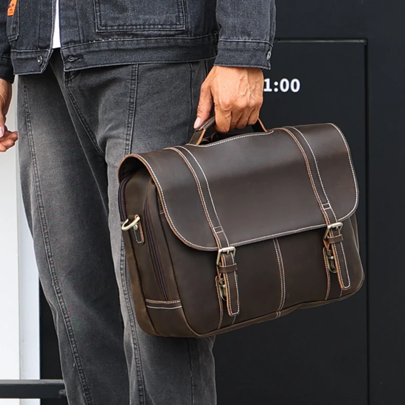 Custom Logo Top End Men Vintage Custom Full Grain Calf Cowhide Real Leather Attache Briefcase Messenger Bag for Lawyer