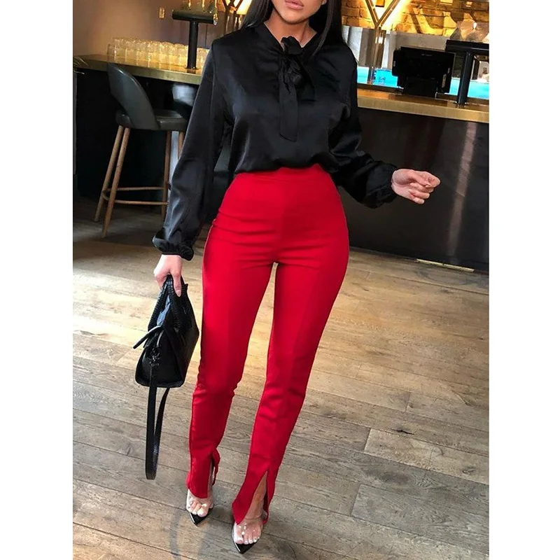 Women Autumn Cotton Casual Tight Fit Leg Opening Split High Waist Trousers Casual Office Lady Strech Women Palazzo Pants 10%