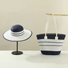 Light-color spliced stripes-navy blue-set hat and bag