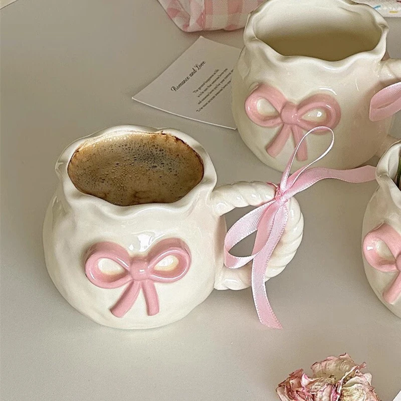 Factory Directly Sell Ins Cute Embossed pink Bow Ceramic Coffee Cup Girl Heart Princess Gift Mug