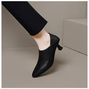 Women's pointed toe mid-heeled (3-5cm) slip-on black high heels;