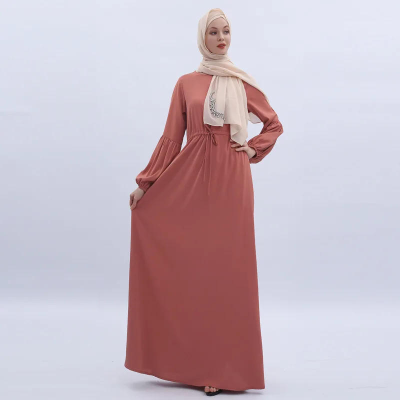 Spot Solid Color Lantern Sleeve Elastic Cuffs Loose Girl Long Dresses  Muslim Islamic Clothing Prom Dresses