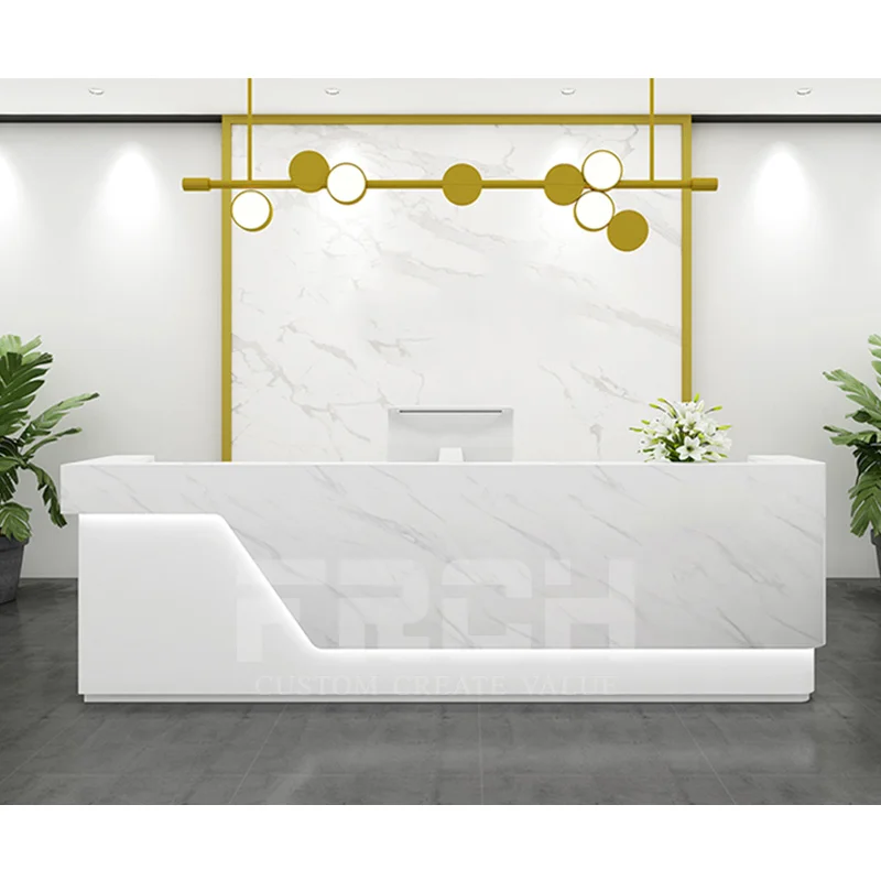 Frch Retail  Modern Simple Design Marble 1 Person White Reception Desk Elegant Reception Table With LED Lights