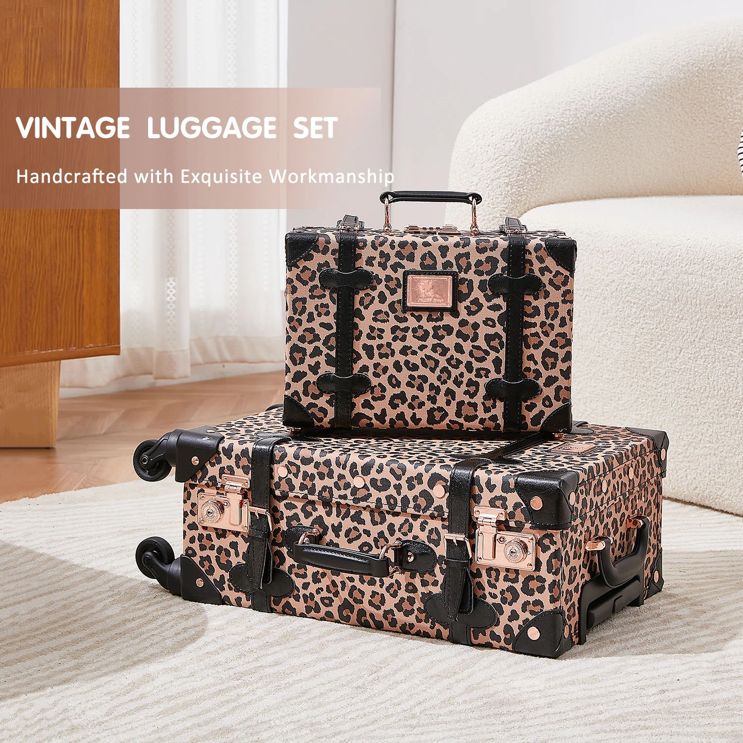 UNIWALKER FACTORY Vintage Suitcase Set with TSA Lock, ODM OEM Handmade Faux Leather Leopard Spinner Trunk Luggage for Women
