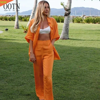 OOTN Woman 2 Pieces Women Loose Short Sleeve Single Breasted Long Shirts Casual Wide Leg Pants Set Orange Linen Trouser Suits