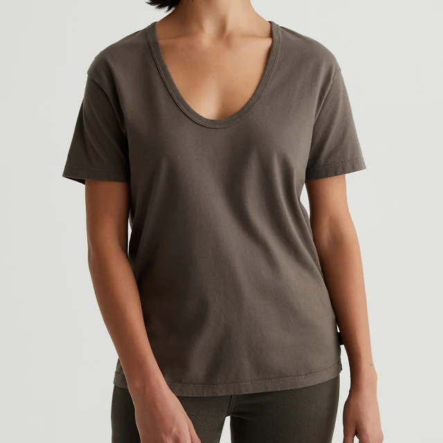100% Cotton U-Neck Tee Stone Brown S/Z-Twist Light Jersey Relaxed Eco-Friendly Washable Anti-Pilling Custom Logo OEM Available
