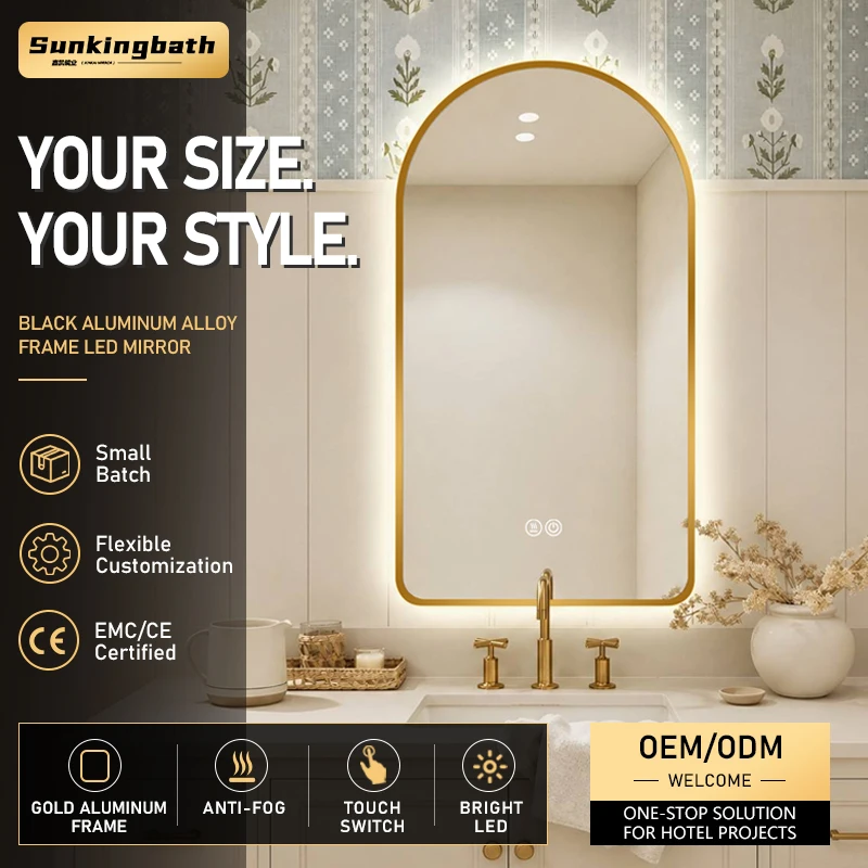 Project Supply Aluminum Bath Mirrors Ip66 Arch Framed Led Mirror Anti-Fog Touch Screen Smart Bathroom Mirror with Led Light