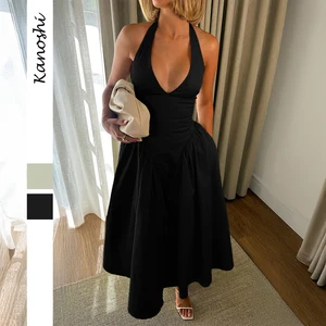 Women's Sexy Sleeveless Summer Dress Backless Deep V Neck Halter Bodycon Maxi Party Dress Beach Vacation Sundress