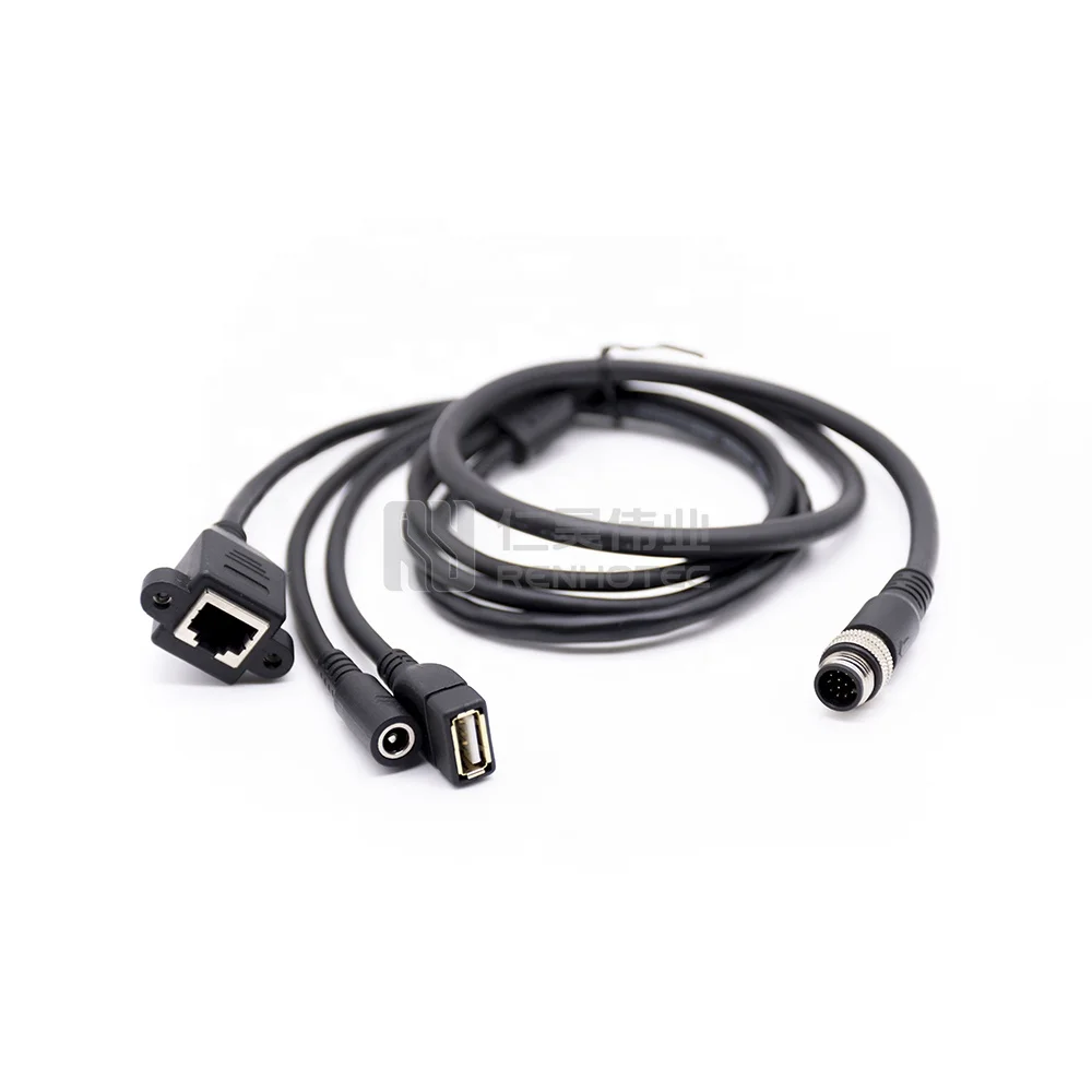 M12 12 Pin Cable to USB DC RJ45 Ethernet Connector Assembly Cable Customized