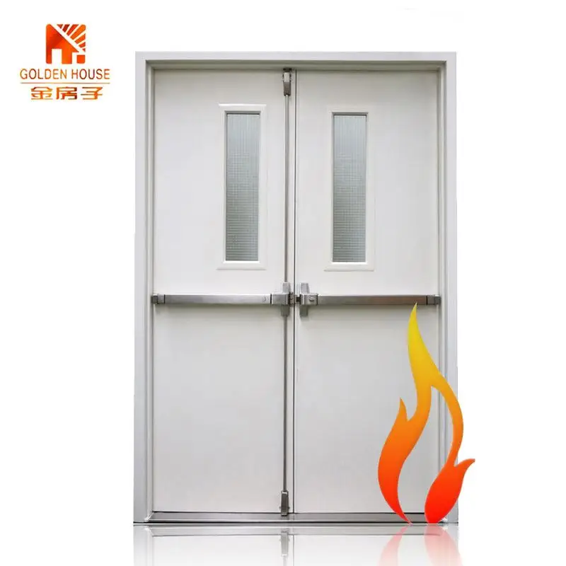 UL Approve USA Standard Fire Resistant Doors With Panic Push Bar and Glass Steel Hollow Metal Commercial Fire Door