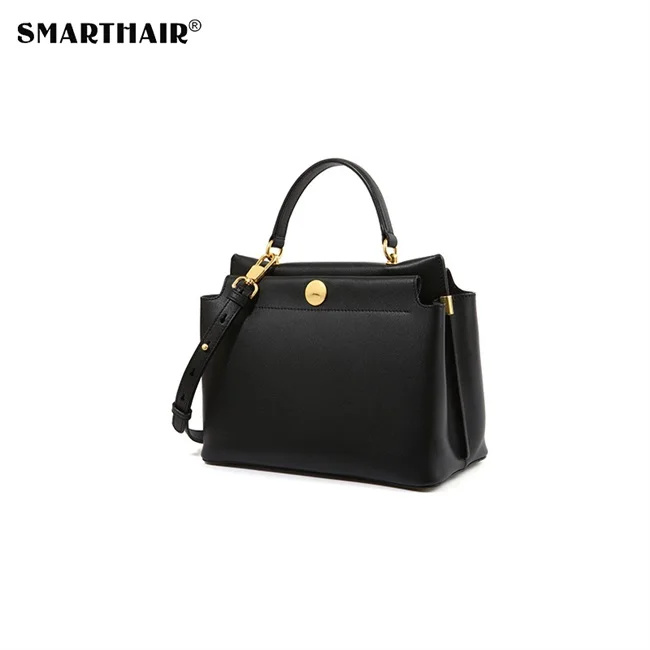 Khaki ladies casual tote satin gold plating buttons women pu leather handbag with adjustable strap