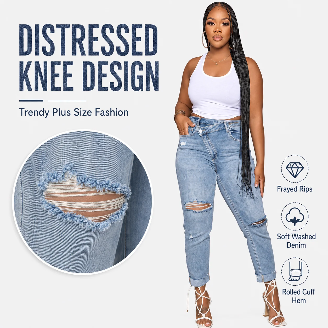 New Arrivals Broken Hole High Waisted Casual Womens Stretchy Pencil Pants Light Wash Breathable Jeans
