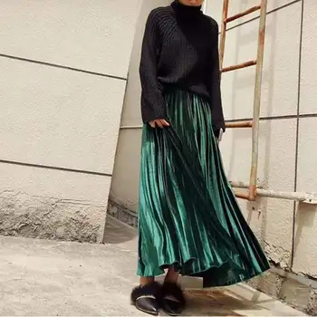 Japanese And Korean Red Autumn And Winter 2021 Women'S Clothing Mopping Long Gold Velvet Pleated Solid Color Large Skirt