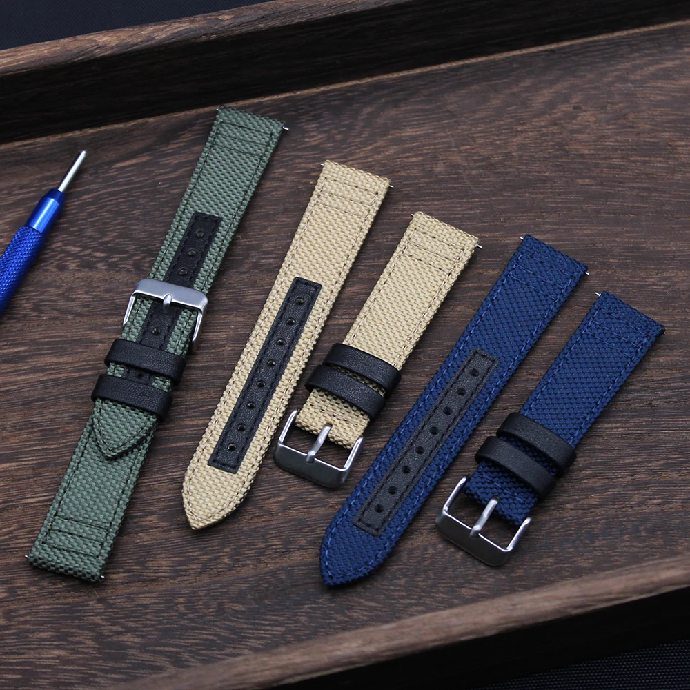 20mm Luxury Two Piece Watchband Quick Release Leather + Fabric Canvas ...