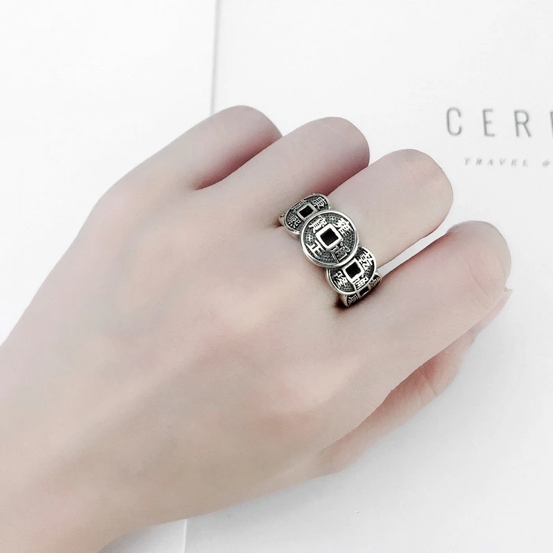 Fengshui Jewelry Adjustable Ring Retro Silver Color Adjustable Auspicious Five Emperor Coins Rings for Men